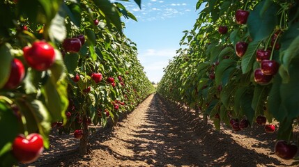 A lush fruit orchard with rows of cherry trees full of ripe cherries, under a clear blue sky.