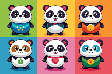 Fototapeta premium Six Cute Cartoon Pandas Wearing Different Colorful Outfits