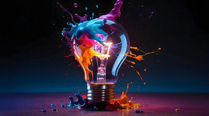 New genius idea, creative, creativity. light bulb explodes with colorful paint and splashes on a black background. Think differently creative innovation concept. Business, work, job, e-commerce.