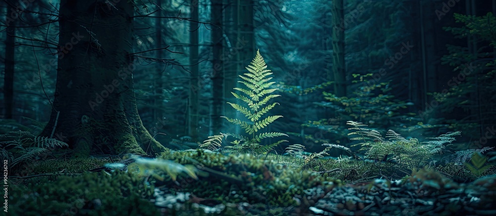 Wall mural a lone fern standing proudly amidst the towering trees in the forest casting a delicate glow in the 