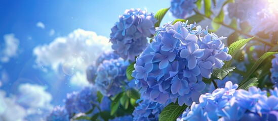 Hydrangea with stunning vibrant blue blossoms against a backdrop of sky blue hues ideal for a copy space image