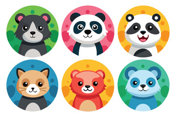 Fototapeta premium Six Cute Cartoon Animals in Colorful Circles