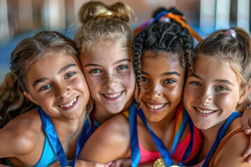 Fototapeta premium Four young girls with medals smile for the camera. They appear to be happy and proud of their accomplishments.