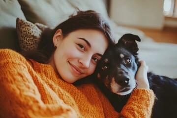 Happy Woman in Orange Sweater Cuddling Her Dog on the Sofa, Close Up Portrait Photograph in the Style of Natural Light Minimalism 