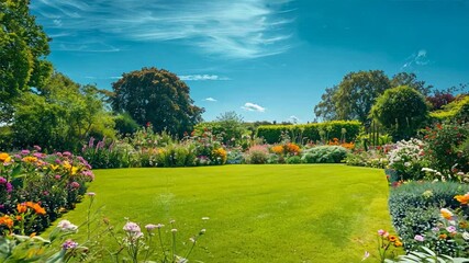 beautiful summer garden in full bloom, with vibrant flowers and lush greenery under a clear blue sky