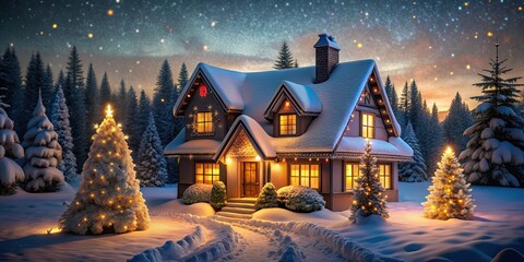 Christmas house beautifully lit up at night in snowy winter setting, winter, Christmas, house, lights, illuminated, festive, holiday