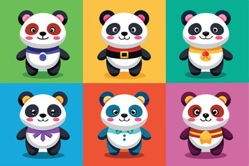 Fototapeta premium Six Adorable Cartoon Pandas with Colorful Accessories