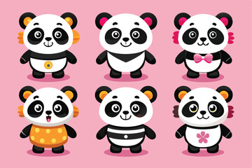 Fototapeta premium Six Adorable Cartoon Pandas with Different Outfits