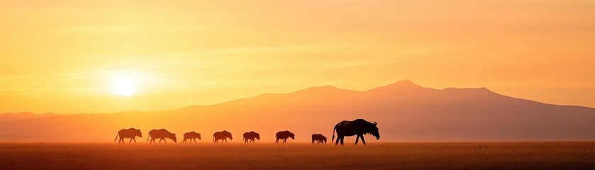 Obraz premium Elephant herd walking in single file during a beautiful sunset with mountains in the background, capturing the serene beauty of wildlife and nature.