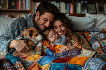 A family of three, a man, a woman, and a young child, cuddle under a colorful patchwork blanket on a couch in a cozy living room