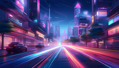 Fototapeta premium The street wonders streams of light trails, Generative AI.