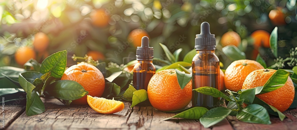 Poster Bottles of essential oils among oranges and green leaves on a wooden table with copy space image