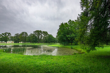 A tranquil lake reflects the overcast sky, framed by verdant trees and soft grasses, creating a...