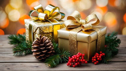 christmas and new year background - gift boxes and pine cones and branches on the background of bokeh garlands. Cozy background, winter.
