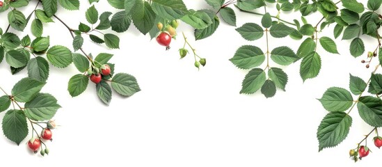 Botanical frame with fresh rosehip leaves and shoots against a white background offering a natural green overlay suitable for collages designs or cards with copy space image