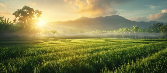 Morning and evening views of stunning rice fields serve as a backdrop for the scene showcasing a serene environment with a wide copy space image