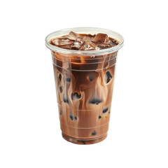 Iced caramel macchiato in a plastic cup showing the beautiful swirls of coffee milk and caramel isolated on transparent background