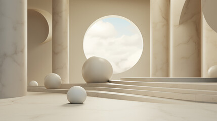 A room with a large circular window and pillars