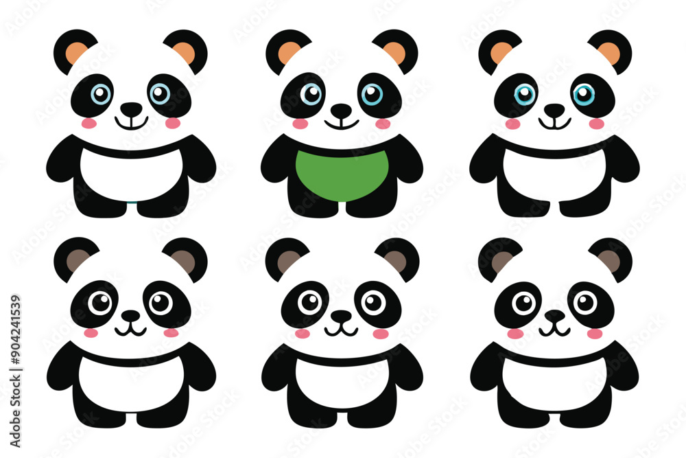 Wall mural Six Cartoon Pandas with Variations in Color and Design