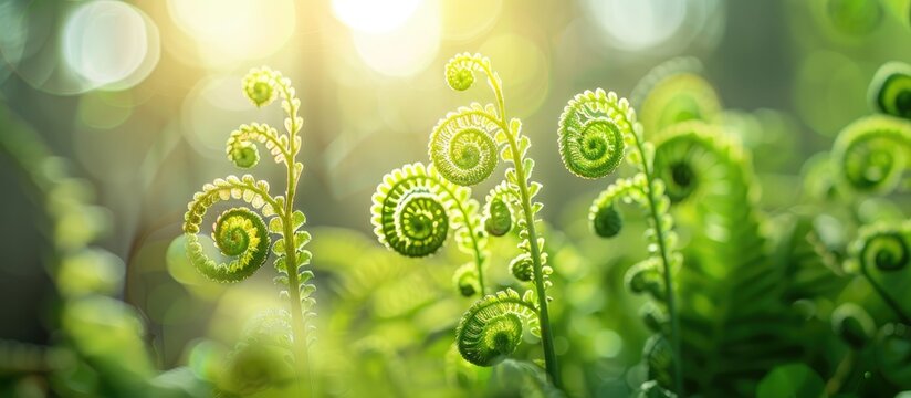 Springtime fern fronds furled and unfurled in a close up shot with a blurred background perfect as a copy space image