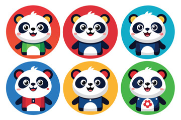 Six Cartoon Pandas with Different Outfits in Colorful Circles