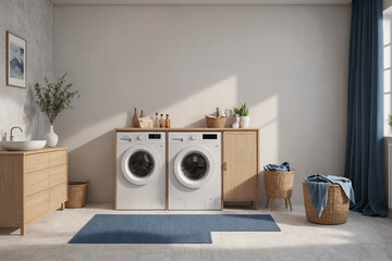 Interior of laundry room with washing machines and dirty clothes