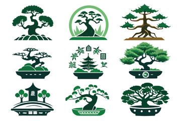 Collection of Bonsai Tree Silhouettes in Various Styles