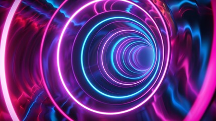 Naklejka premium Vibrant neon light tunnel with vivid colors and spiral patterns. Perfect for tech or futuristic themes.