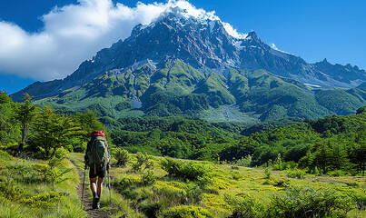 Adventurer walking towards a high tropical mountain