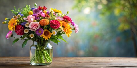 Beautiful bouquet of colorful flowers in a glass vase, floral arrangement, vibrant, assorted, blooming, botanical, fresh