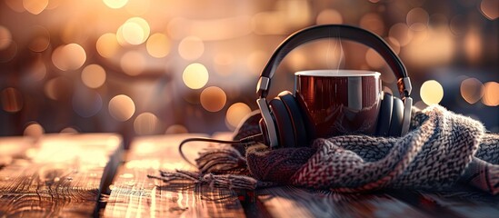 Freelance theme with a hot beverage and headphones included in the composition for a copy space image