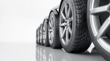 A row of modern car wheels with alloy rims on a reflective surface, captured in a minimalist and sleek style.