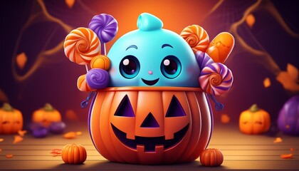 A happy blue character holding a pumpkin full of candy