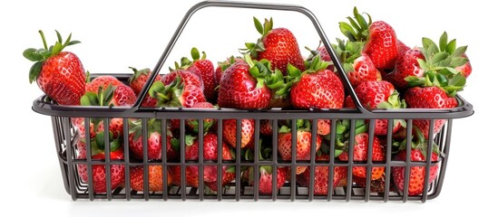 Fresh organic ripe strawberries whole and in a heap in a shopping basket isolated on a white background Ideal for a copy space image depicting agricultural products and harvesting