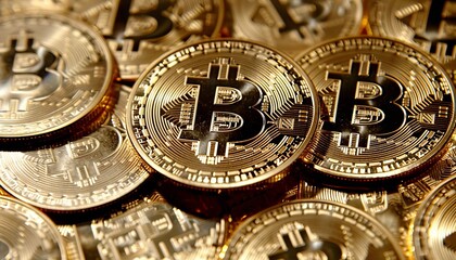 Close-Up of Stacked Gold Bitcoin Cryptocurrency Coins, Illustrating Investment or Finance Concept