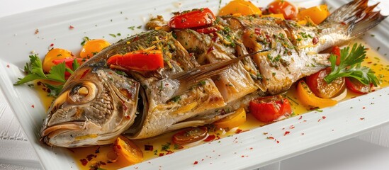 Delicious baked porgy with peppers and brandy ideal for a gourmet meal shown in a copy space image