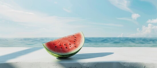 Watermelon displayed on a white tabletop against a backdrop of sky and sea featuring ample copy space for product or food and drink placements in the image
