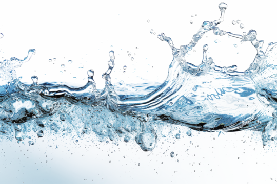 A dynamic splash of crystal-clear water captured mid-motion against a white background, showcasing the beauty and energy of fluid movement.