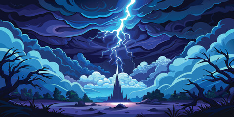 In the midst of a tempestuous night sky, a brilliant bolt of lightning illuminates the darkness, its electric blue hue casting an eerie glow across the stormy clouds vector art illustration