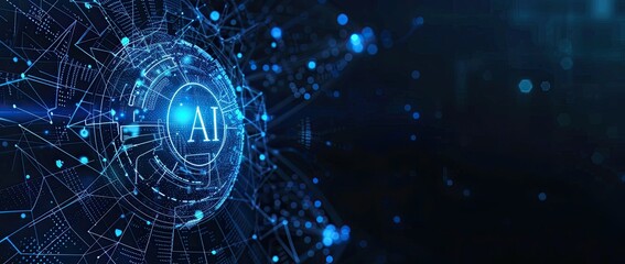 Abstract background with digital technology and AI concept, blue color The word "AI" is written in the center of cloud on white space for text Generative AI