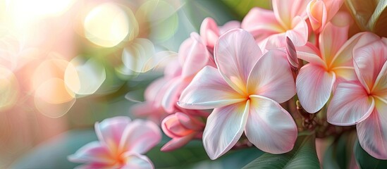 Naklejka premium Pink plumeria flowers in close up make excellent houseplants especially when looking for a copy space image