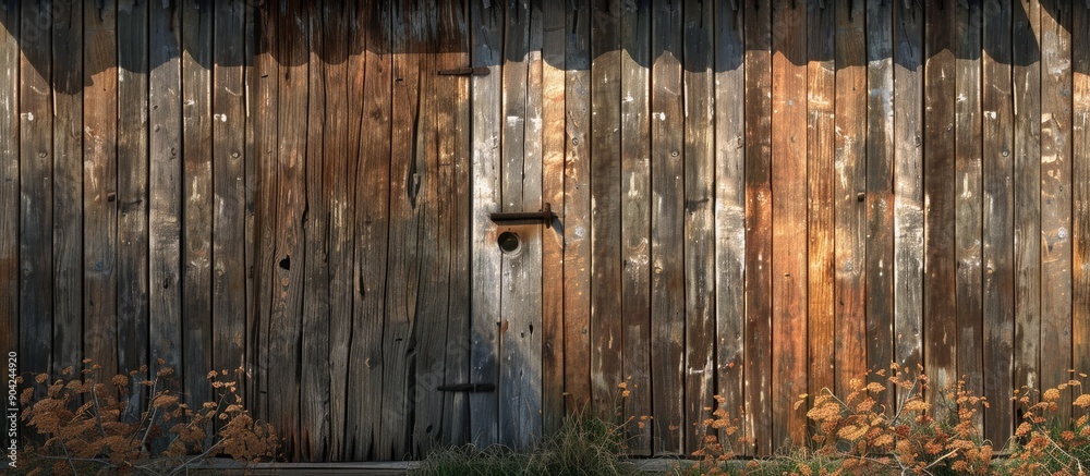 Wall mural wooden door in a rustic setting with a fence perfect as a background for a copy space image