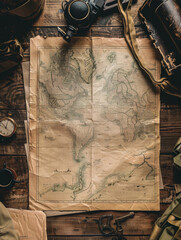 A map of the world is on a table with a clock and other items