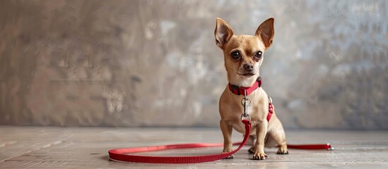 Leashed small dog with red smooth hair in the copy space image