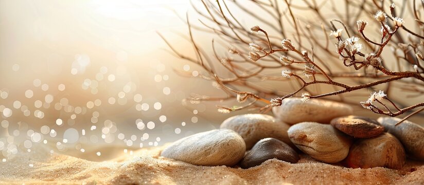 Abstract composition in warm hues featuring dry branches stones sand and a brunia sprig for an eco friendly display of organic products or cosmetics with a blurred copy space image