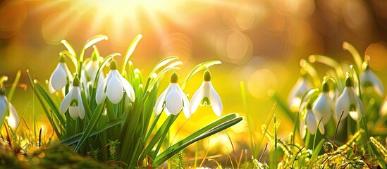 Close up of snowdrops under the sun on a green meadow creating a beautiful natural landscape and a welcoming image for spring with copy space image