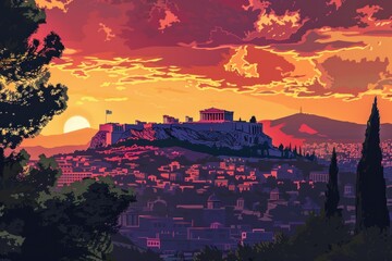 Landscape at the sunset of Athens, Greece - Parthenon