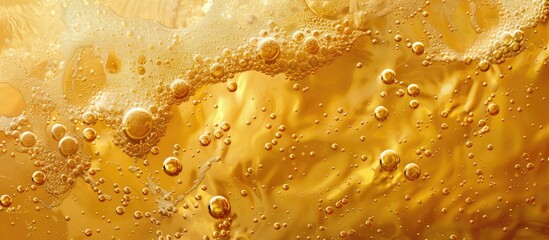 Close up of beer foam with bubbles creating a textured golden background for your text on a copy space image