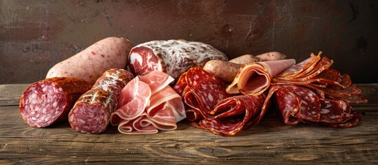 An arrangement of fresh deli meats like salami prosciutto sausage and coppa on a rustic tabletop perfect as a snack with copy space in the image