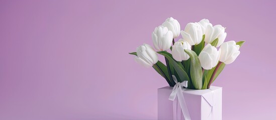 White tulips with a gift box placed on a lilac background with ample copy space image